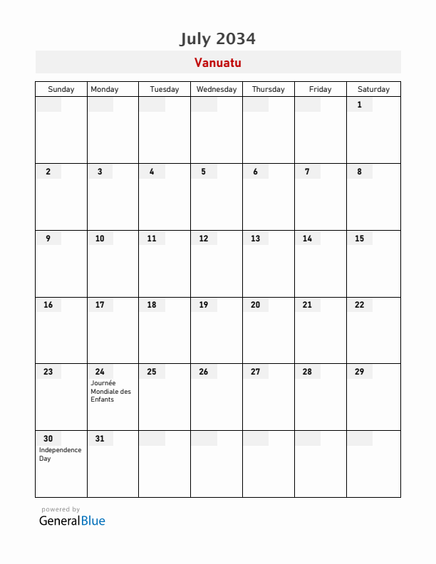 Vanuatu July 2034 Calendar with Holidays