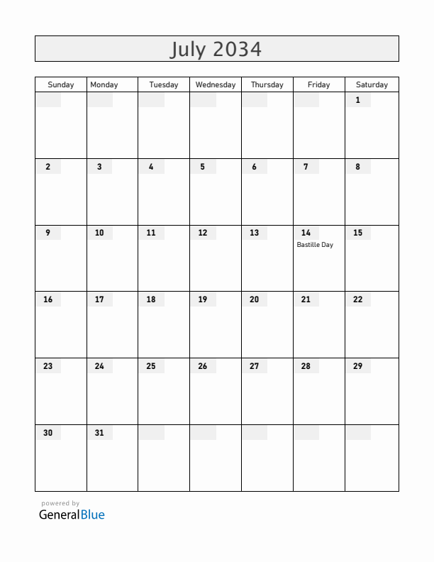 Mayotte July 2034 Calendar with Holidays