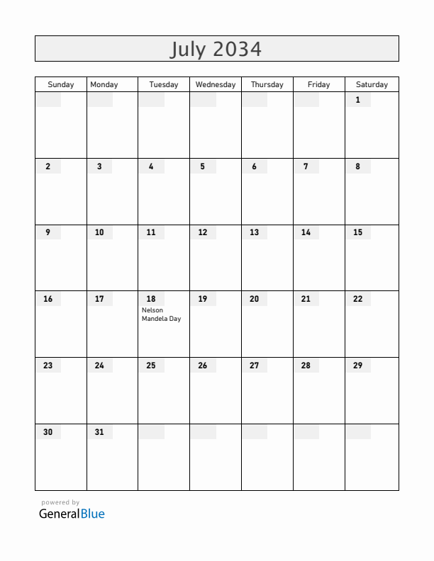 South Africa July 2034 Calendar with Holidays