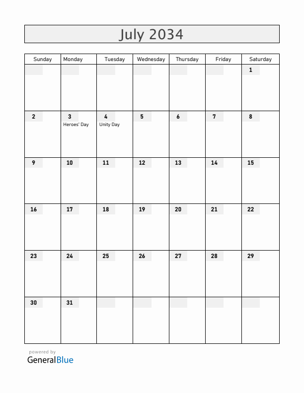 Zambia July 2034 Calendar with Holidays