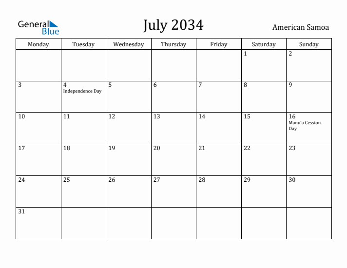 July 2034 Calendar American Samoa