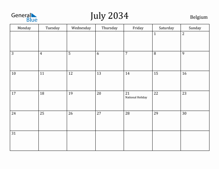 July 2034 Calendar Belgium