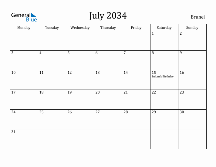 July 2034 Calendar Brunei
