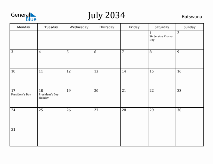 July 2034 Calendar Botswana