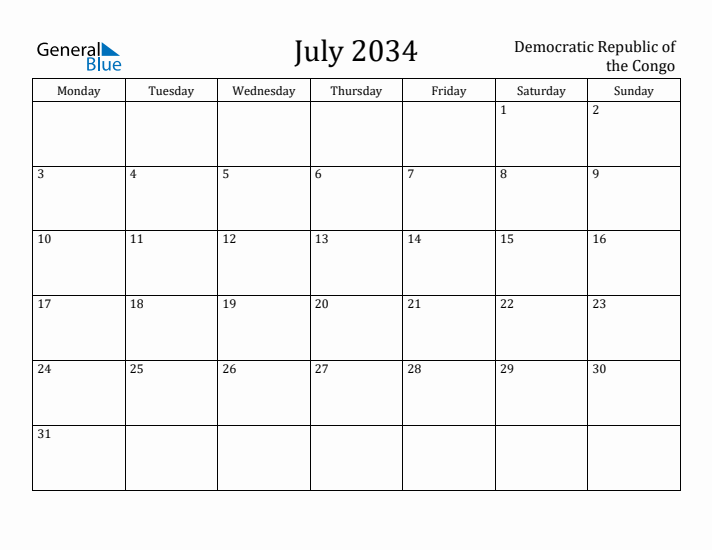 July 2034 Calendar Democratic Republic of the Congo