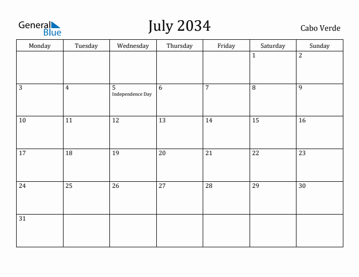 July 2034 Calendar Cabo Verde