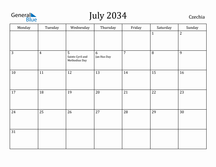 July 2034 Calendar Czechia