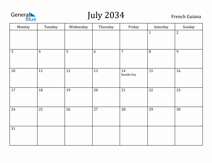 July 2034 Calendar French Guiana
