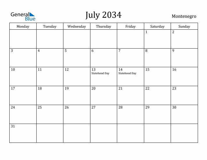 July 2034 Calendar Montenegro