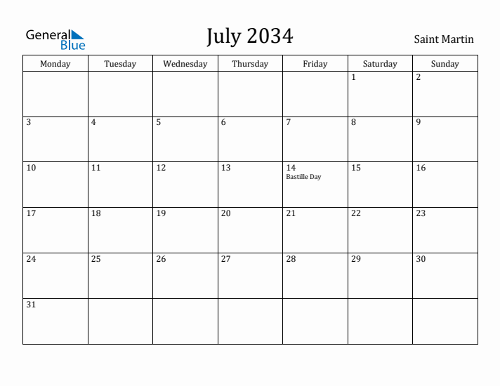 July 2034 Calendar Saint Martin