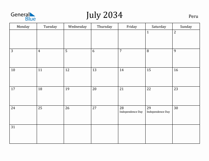 July 2034 Calendar Peru