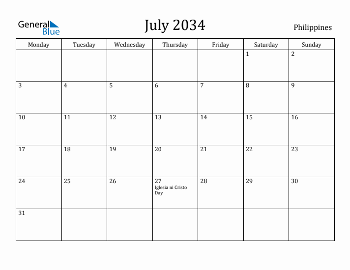 July 2034 Calendar Philippines