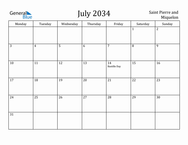 July 2034 Calendar Saint Pierre and Miquelon