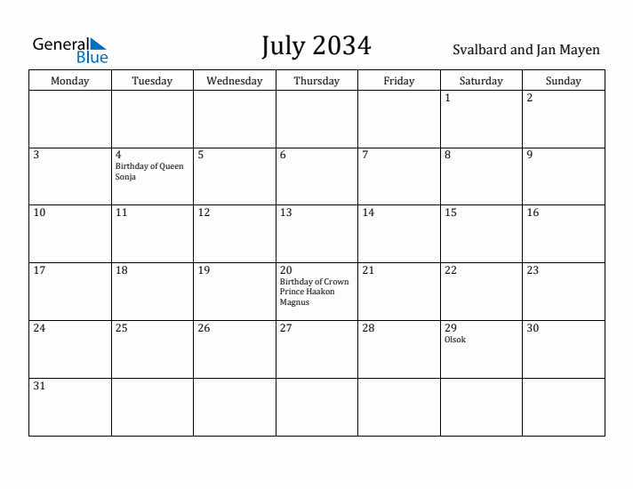 July 2034 Calendar Svalbard and Jan Mayen
