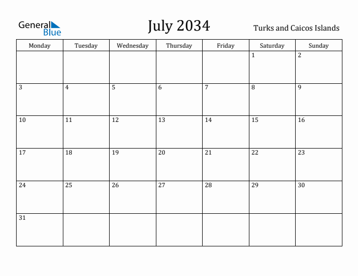 July 2034 Calendar Turks and Caicos Islands
