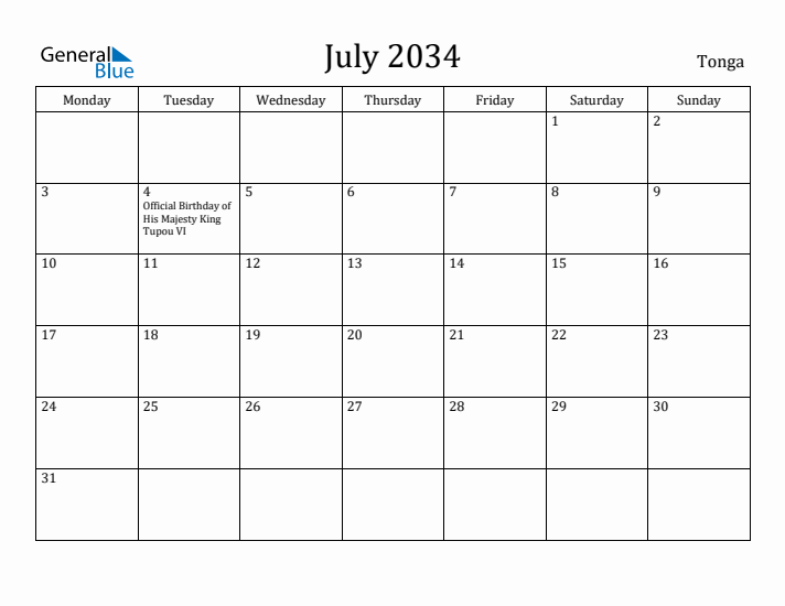 July 2034 Calendar Tonga