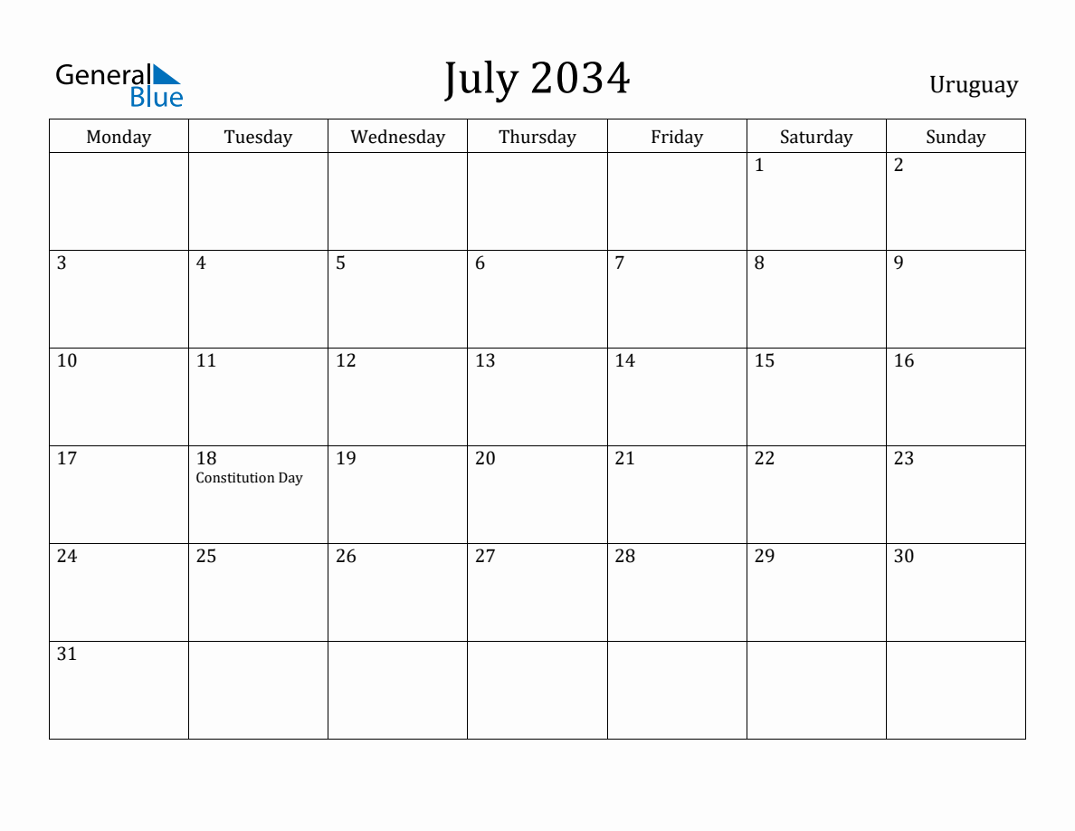 July 2034 - Uruguay Monthly Calendar with Holidays