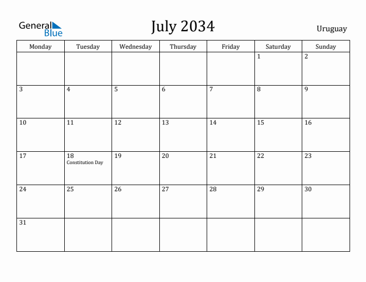 July 2034 Calendar Uruguay