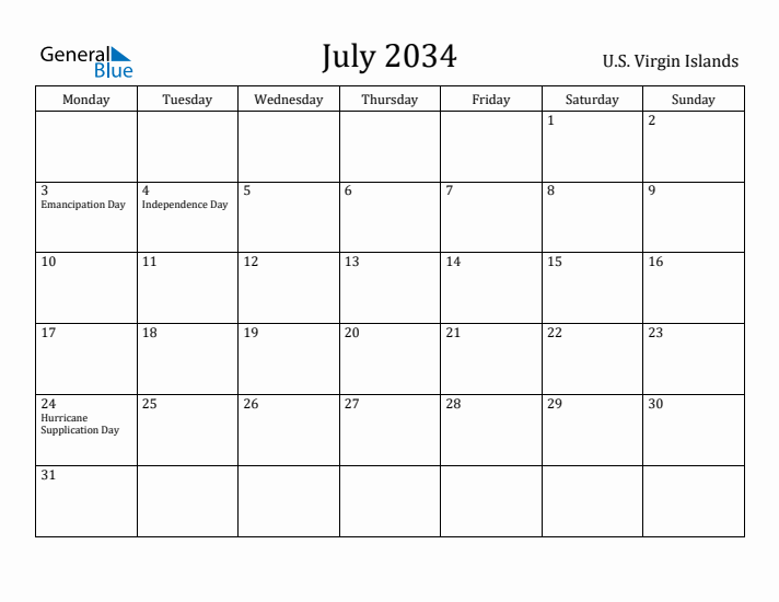 July 2034 Calendar U.S. Virgin Islands