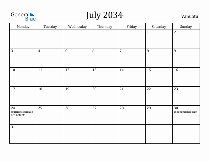 July 2034 Calendar Vanuatu