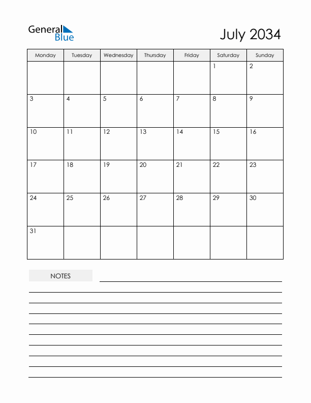 Printable Calendar with Notes - July 2034 