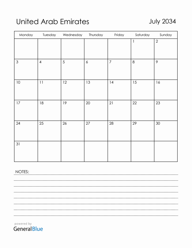 July 2034 United Arab Emirates Calendar with Holidays (Monday Start)