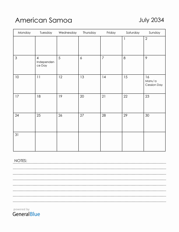 July 2034 American Samoa Calendar with Holidays (Monday Start)