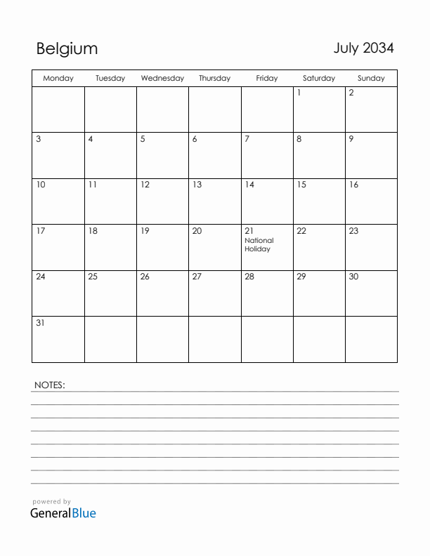 July 2034 Belgium Calendar with Holidays (Monday Start)