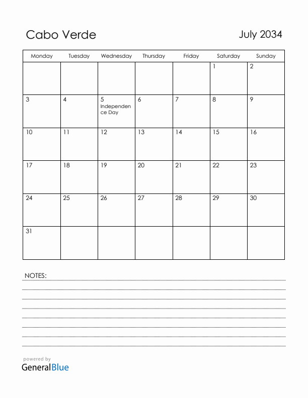 July 2034 Cabo Verde Calendar with Holidays (Monday Start)