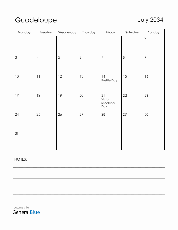 July 2034 Guadeloupe Calendar with Holidays (Monday Start)