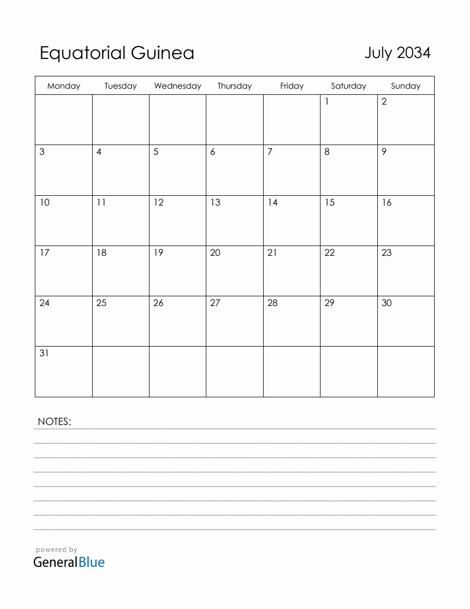 July 2034 Equatorial Guinea Calendar with Holidays