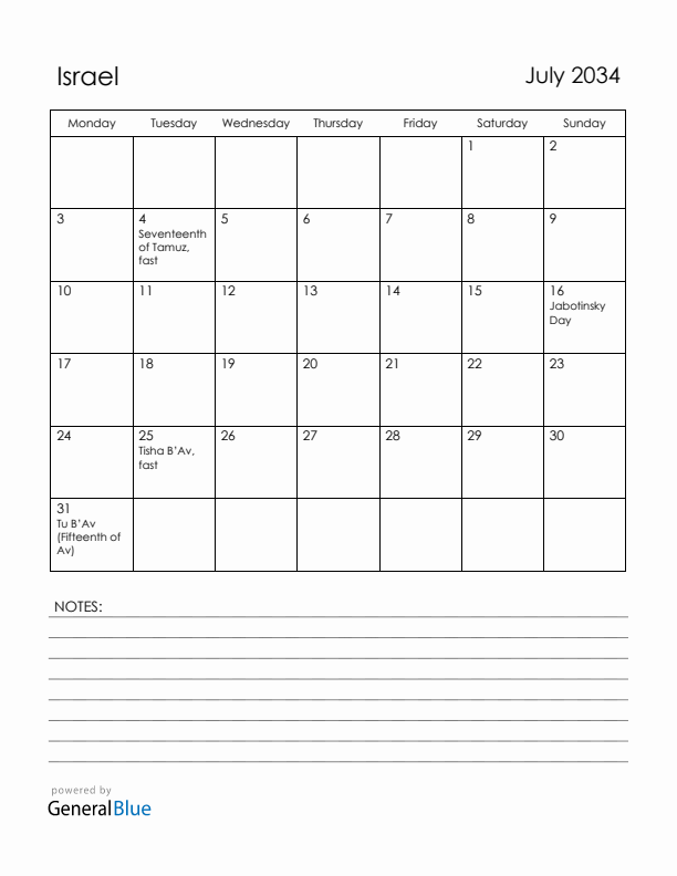 July 2034 Israel Calendar with Holidays (Monday Start)