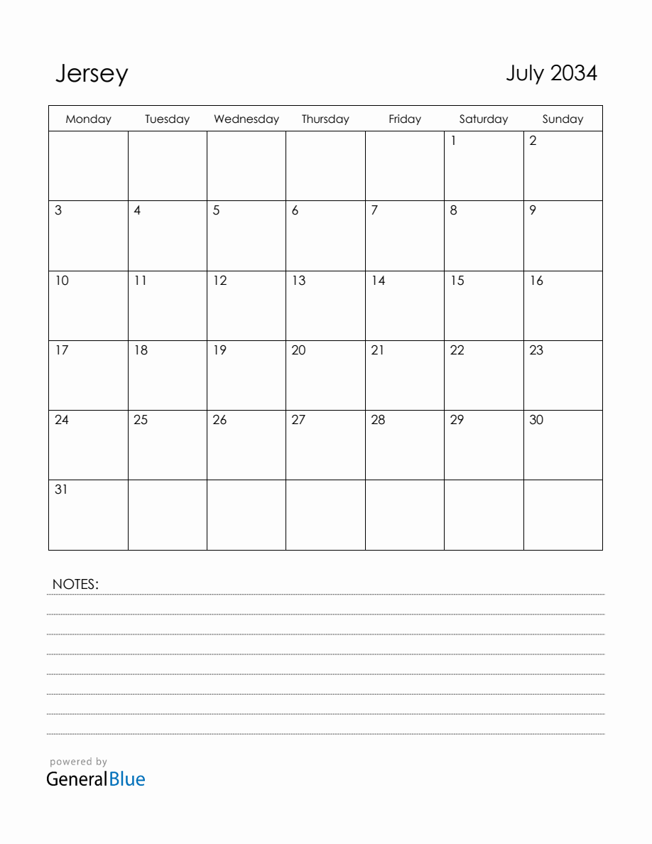 July 2034 Jersey Calendar with Holidays