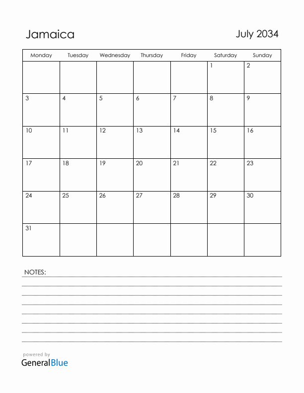 July 2034 Jamaica Calendar with Holidays (Monday Start)