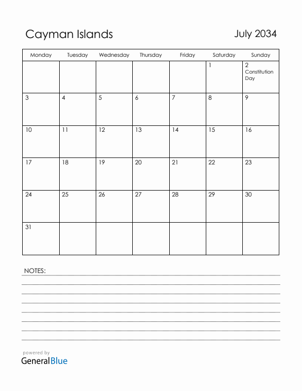 July 2034 Cayman Islands Calendar with Holidays (Monday Start)