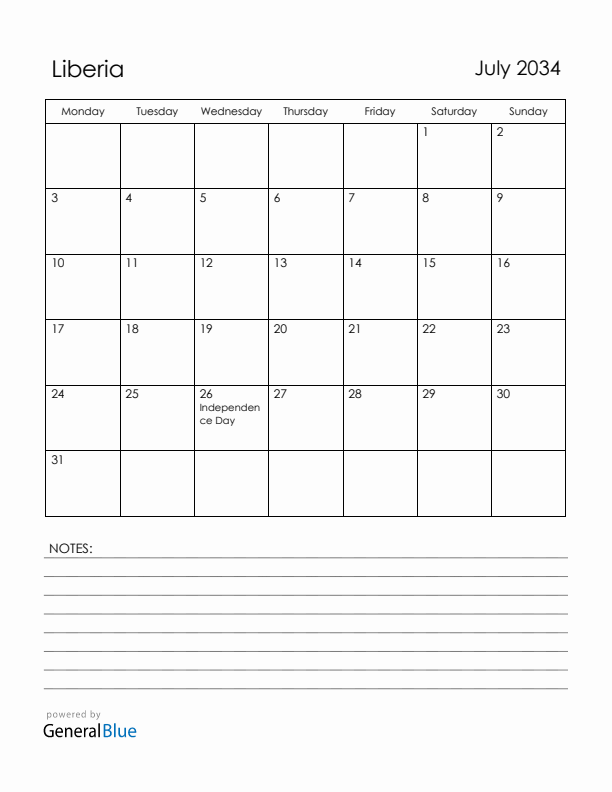 July 2034 Liberia Calendar with Holidays (Monday Start)
