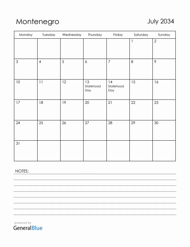 July 2034 Montenegro Calendar with Holidays (Monday Start)