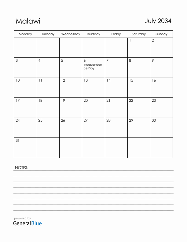 July 2034 Malawi Calendar with Holidays (Monday Start)