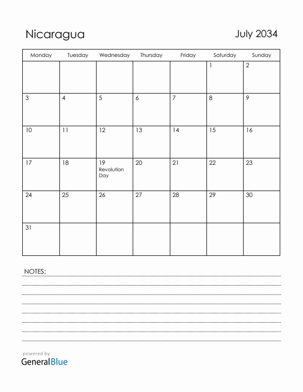 July 2034 Nicaragua Calendar with Holidays (Monday Start)