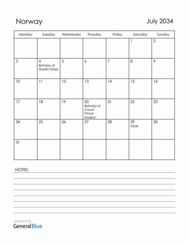 July 2034 Norway Calendar with Holidays (Monday Start)