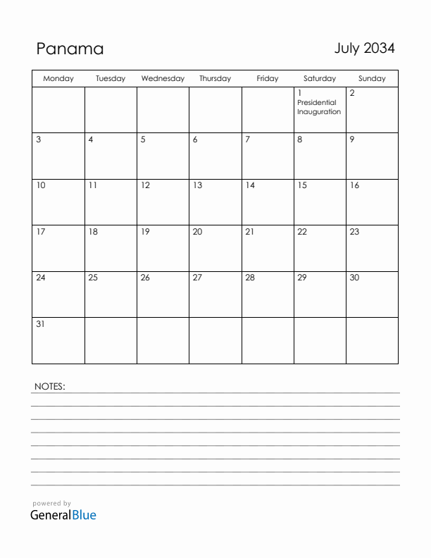 July 2034 Panama Calendar with Holidays (Monday Start)