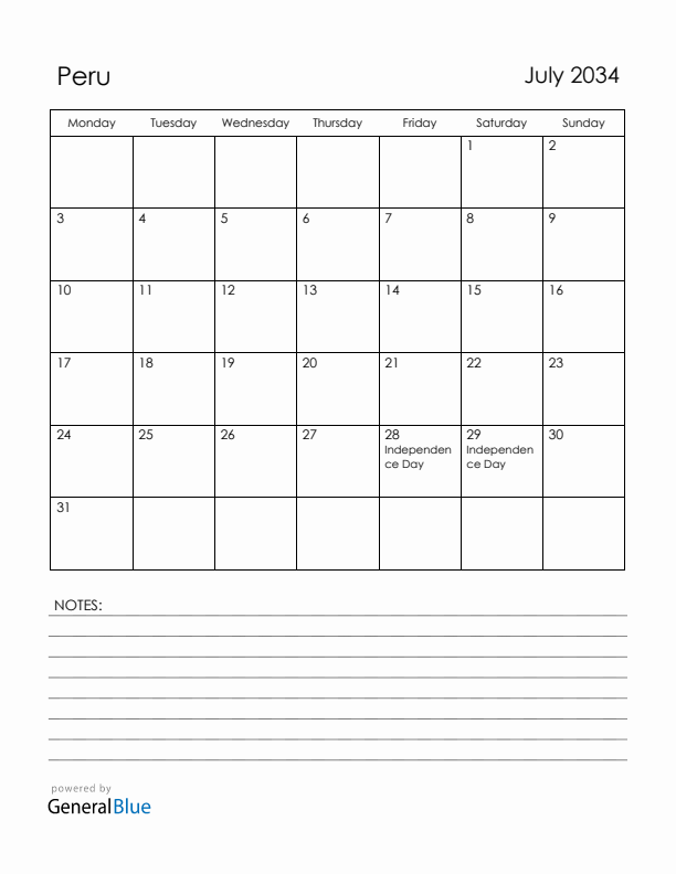 July 2034 Peru Calendar with Holidays (Monday Start)