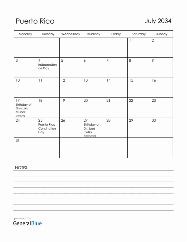 July 2034 Puerto Rico Calendar with Holidays (Monday Start)