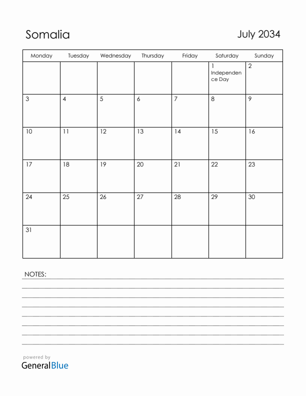 July 2034 Somalia Calendar with Holidays (Monday Start)