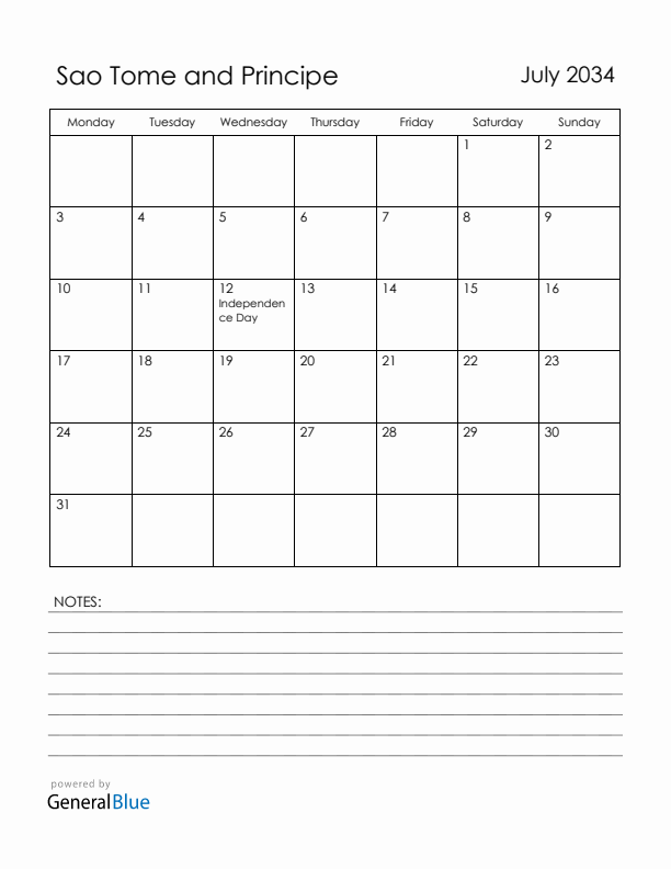 July 2034 Sao Tome and Principe Calendar with Holidays (Monday Start)