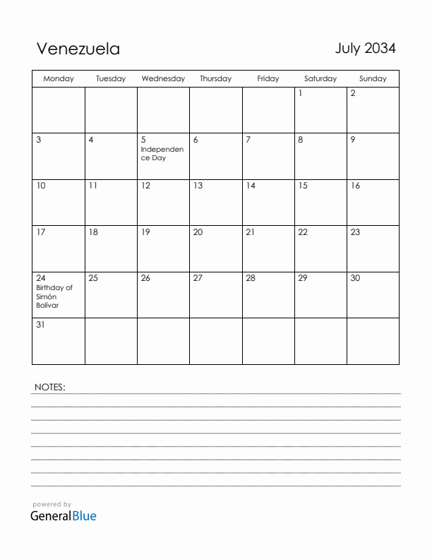 July 2034 Venezuela Calendar with Holidays (Monday Start)