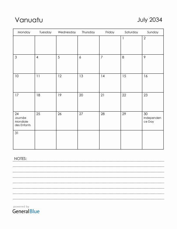 July 2034 Vanuatu Calendar with Holidays (Monday Start)