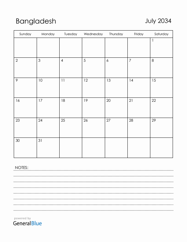 July 2034 Bangladesh Calendar with Holidays (Sunday Start)