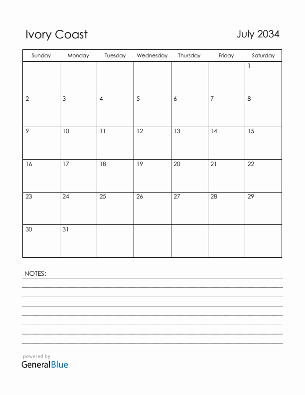 July 2034 Ivory Coast Calendar with Holidays (Sunday Start)