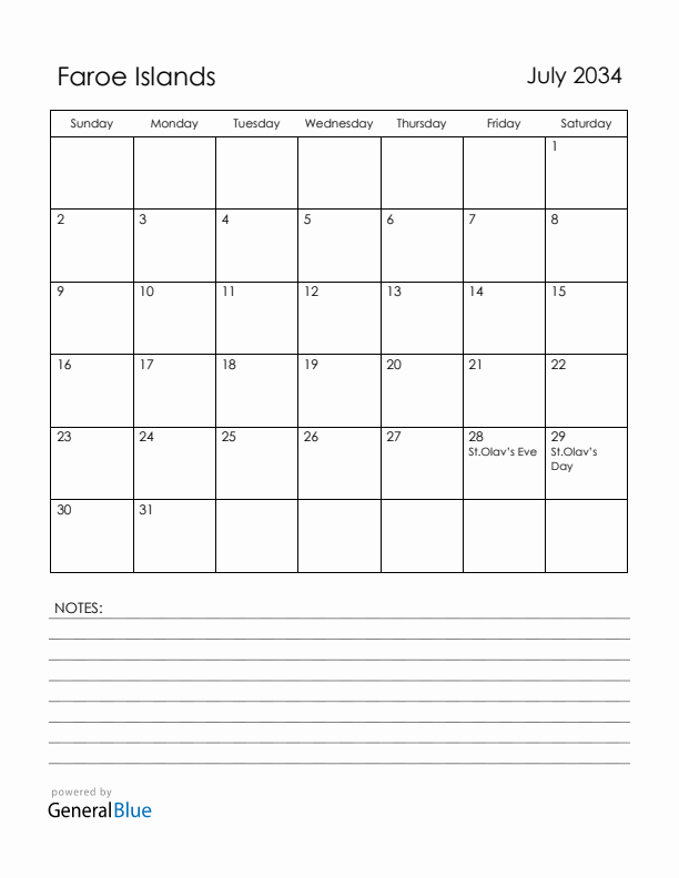 July 2034 Faroe Islands Calendar with Holidays (Sunday Start)